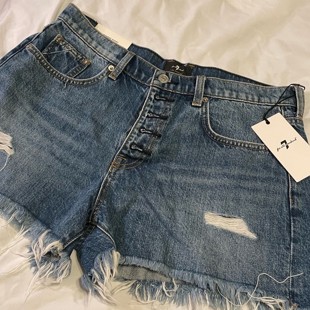 7 for ALL MANKIND Womens Navy Frayed Pocketed Button Fly Shorts 30